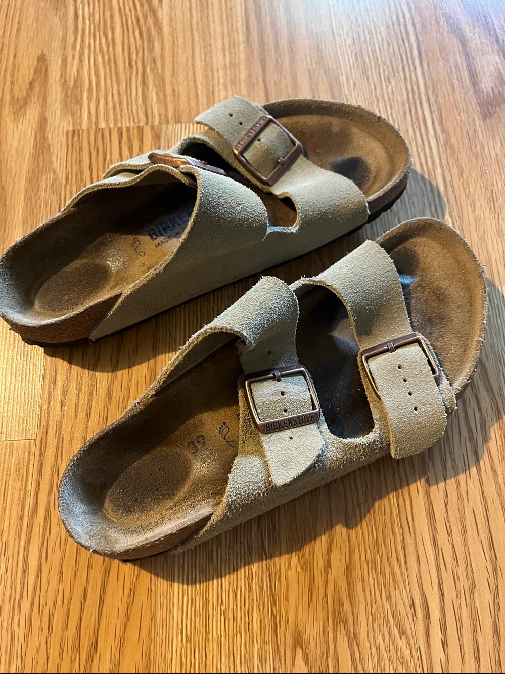 Birkenstock Suede Double-Buckle Sandals in Olive/Tan - Picture 2 of 5